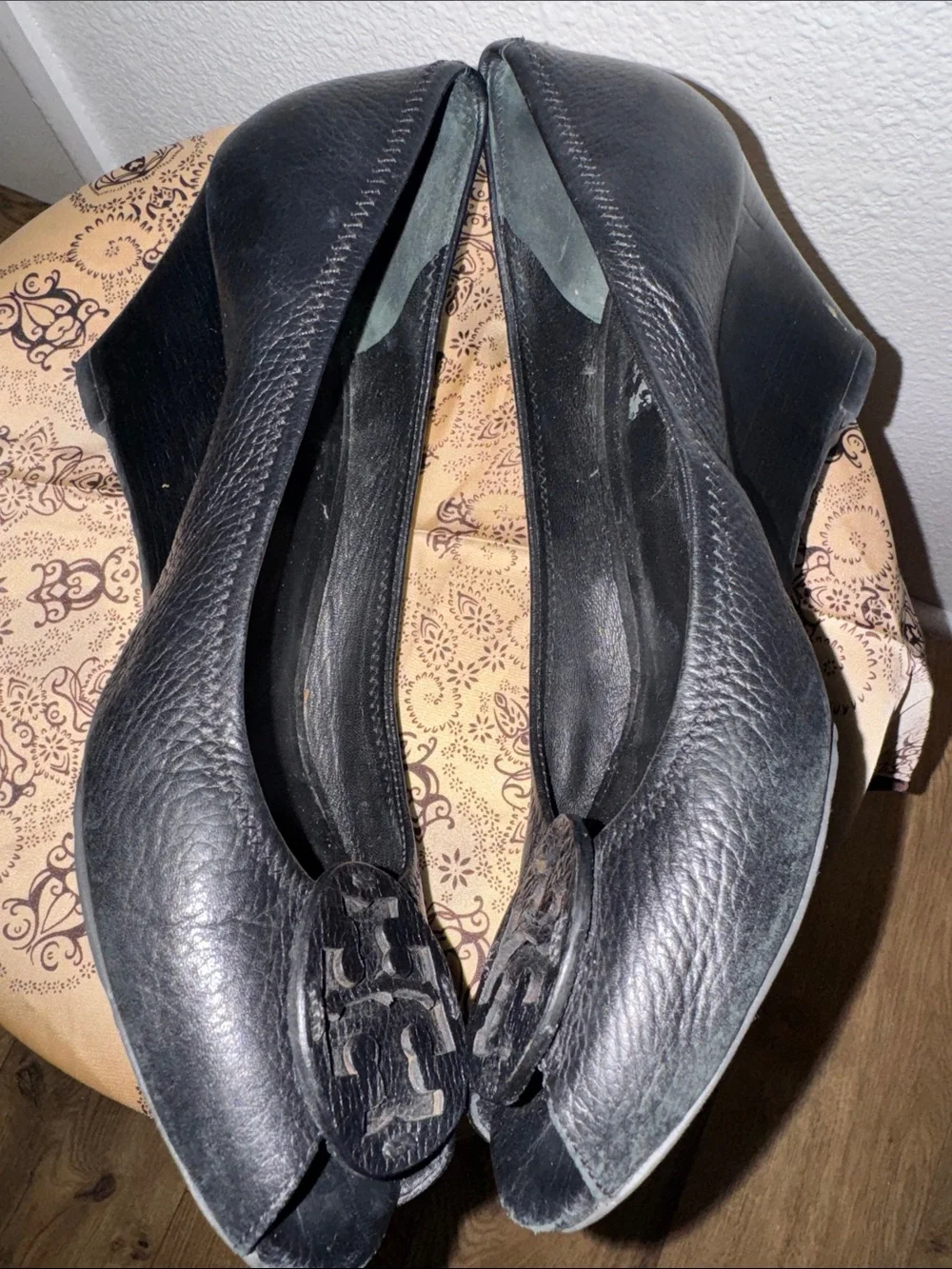 Tory Burch Black Leather Peep-Toe Heels with Logo Emblem